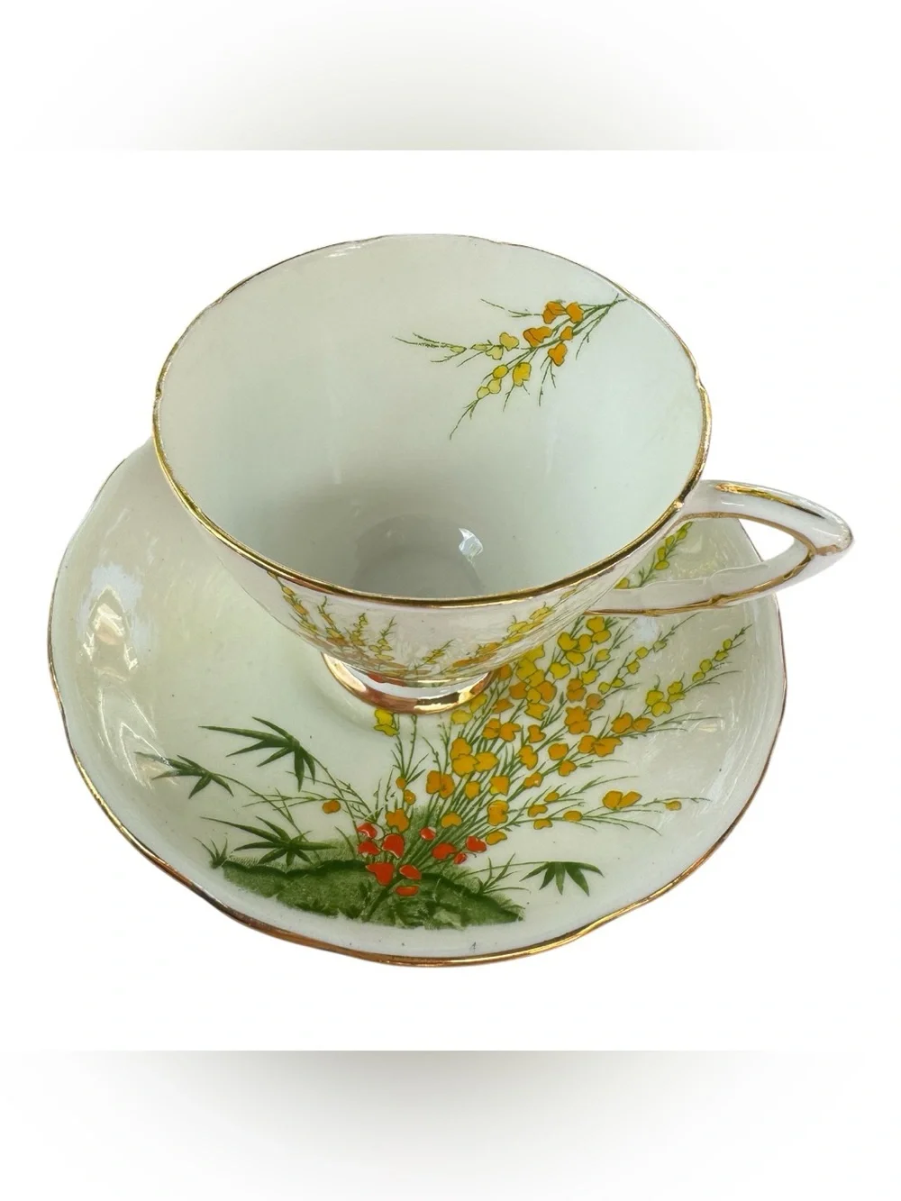 Vintage Royal Stafford Bone China Teacup & Saucer BROOM Pattern Made in England
